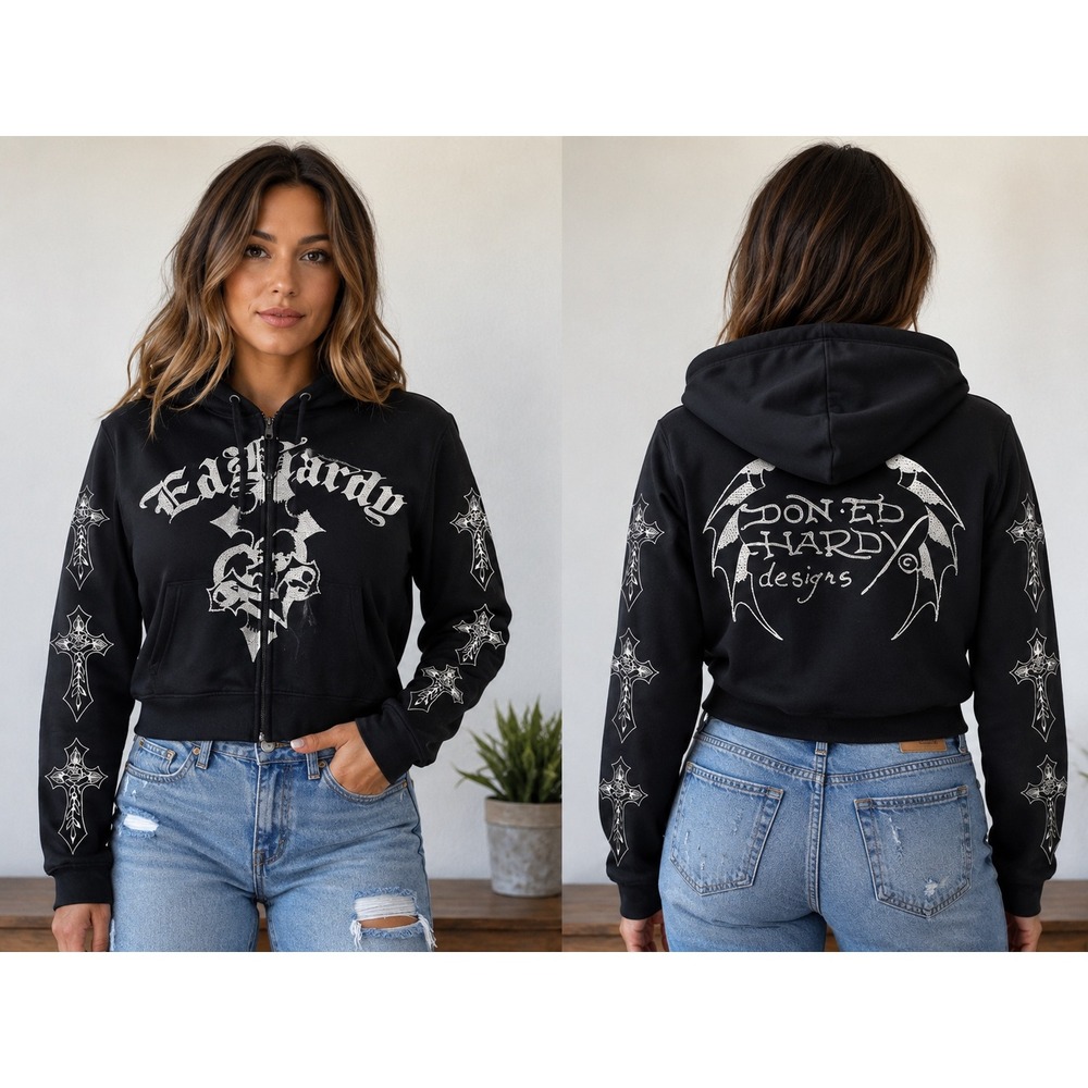 Ed Hardy Womens Black Cropped Rhinestone Zip Hoodie Cross Graphic XL NWT Y2K